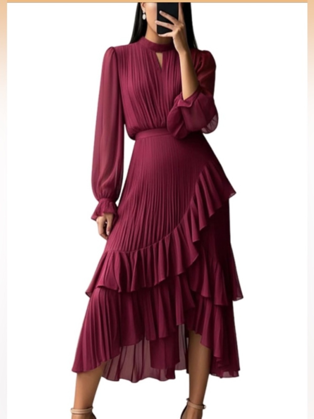 Keyhole Neckline Ruffled Midi Dress, Bodycon Pleated, Guest Cocktail Party